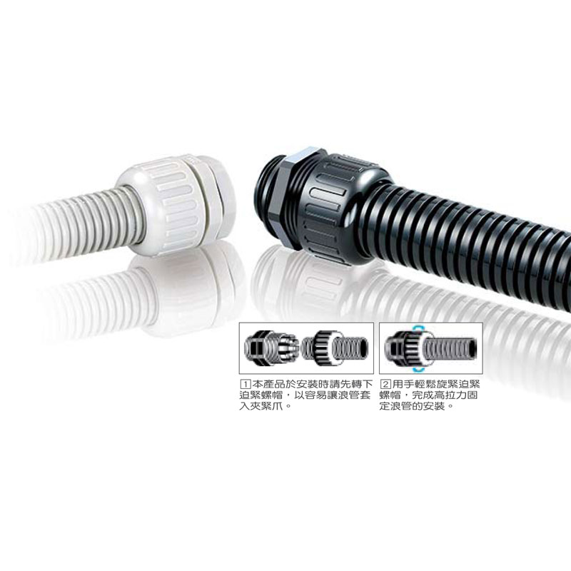 高拉力型尼龍盒接頭(塑膠浪管用)Corrugated Tubing Fittings( Superb Pullout Strength )